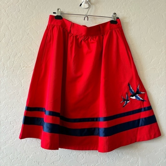 Bea & Dot By ModCloth Red Blue Striped Embroidered Cotton Bird Skirt Size L - Picture 2 of 8